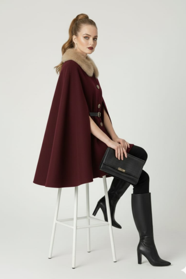 KADIN YAKASI KÜRKLÜ DÜĞME DETAYLI BELİ KEMERLİ PANÇO KAŞE KABAN BORDO - STANDART