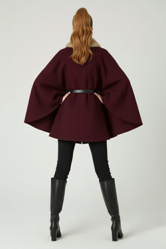 KADIN YAKASI KÜRKLÜ DÜĞME DETAYLI BELİ KEMERLİ PANÇO KAŞE KABAN BORDO - STANDART