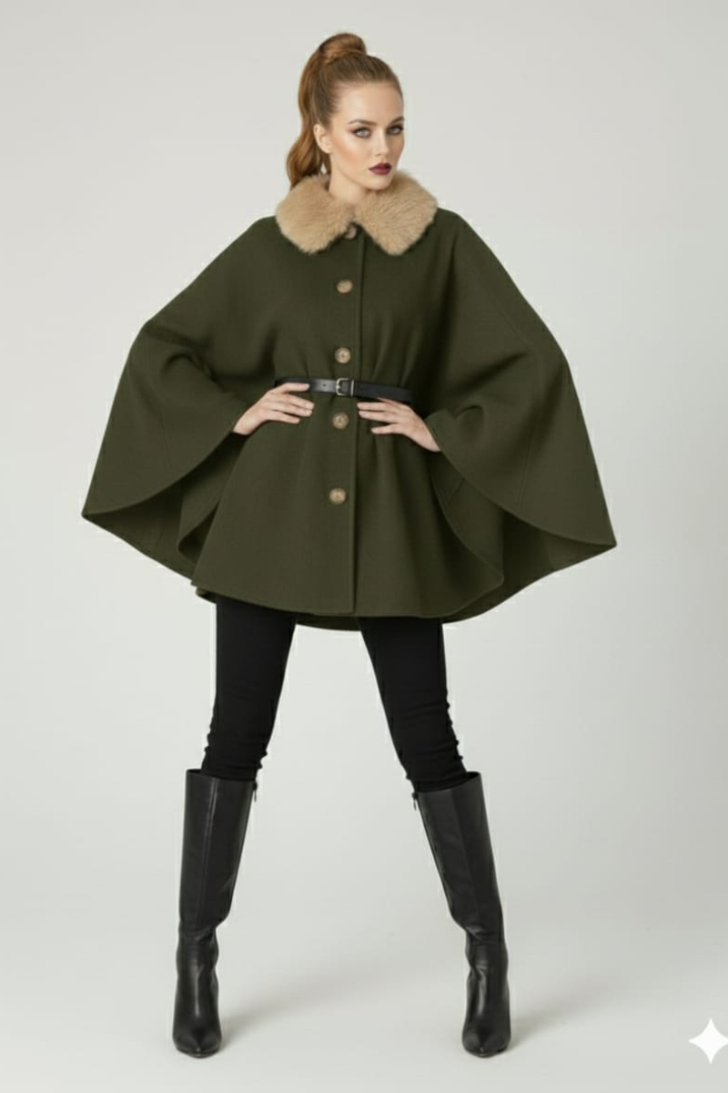 KADIN YAKASI KÜRKLÜ DÜĞME DETAYLI BELİ KEMERLİ PANÇO KAŞE KABAN HAKİ - STANDART