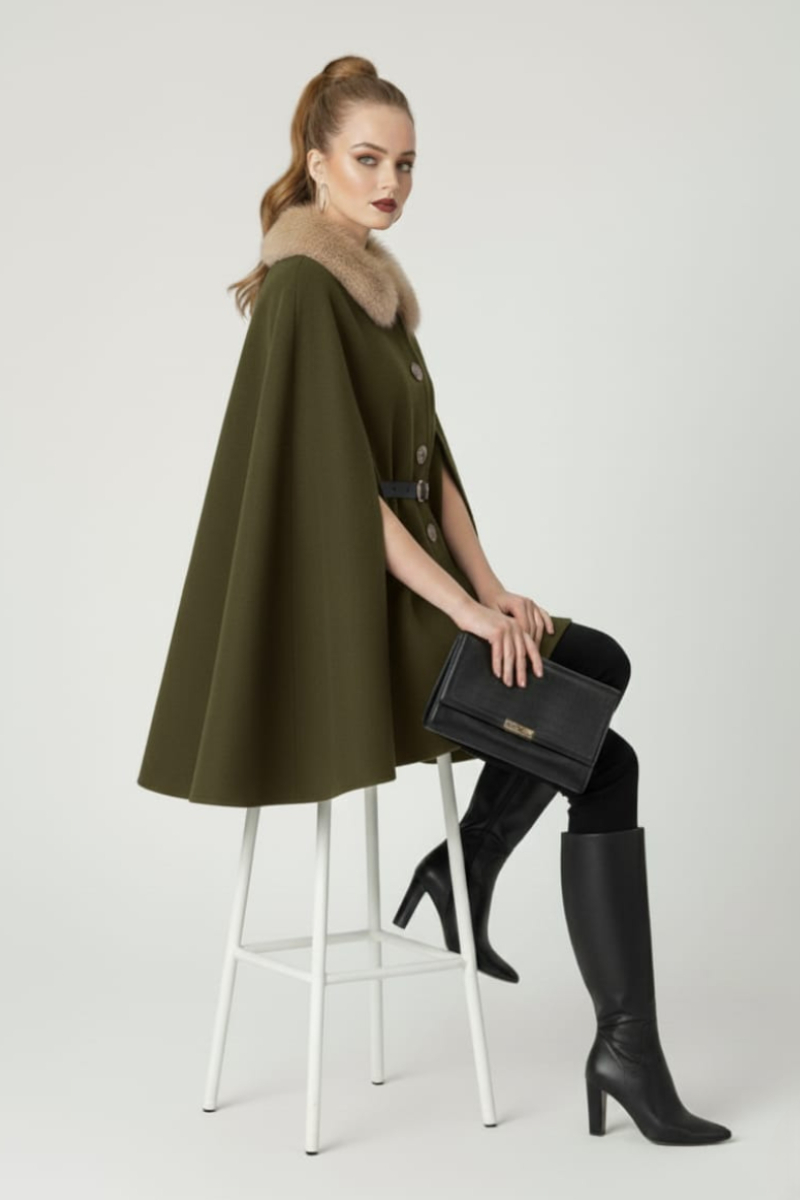 KADIN YAKASI KÜRKLÜ DÜĞME DETAYLI BELİ KEMERLİ PANÇO KAŞE KABAN HAKİ - STANDART