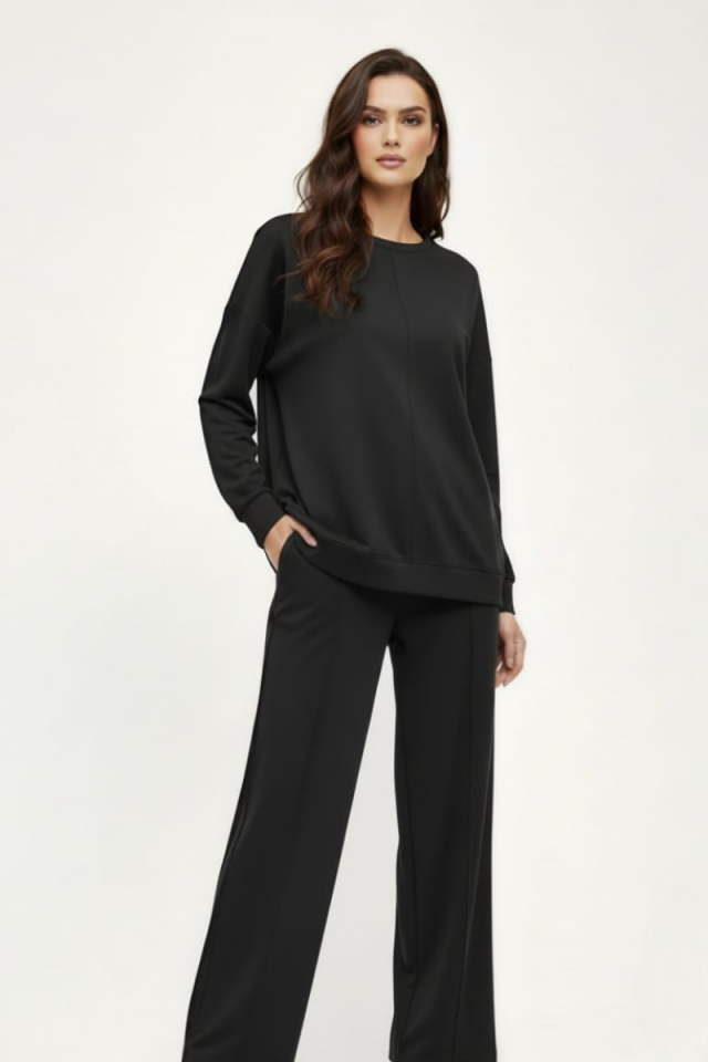 KADIN ŞIK RAHAT BİSİKLET YAKA ÇIMALI İKİLİ TAKIM XL - SİYAH