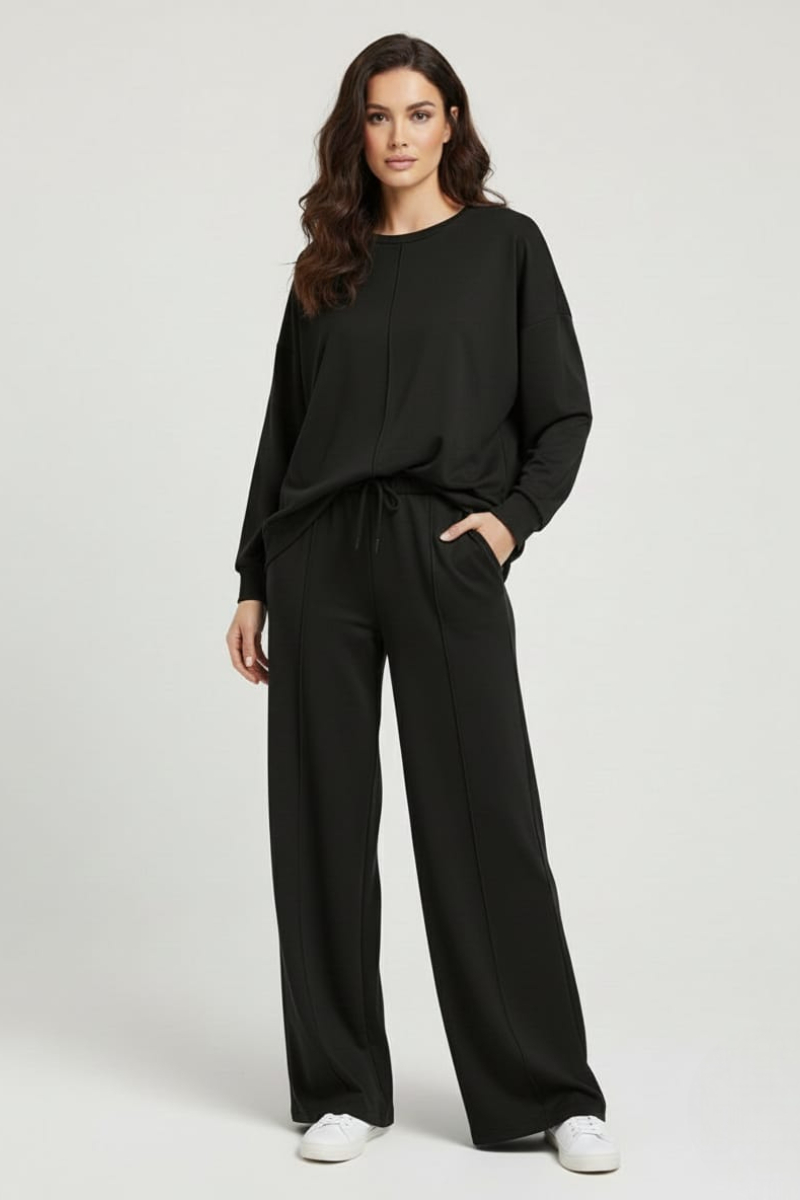 KADIN ŞIK RAHAT BİSİKLET YAKA ÇIMALI İKİLİ TAKIM XL - SİYAH