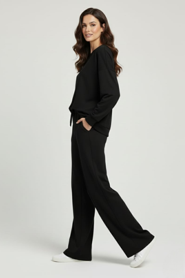 KADIN ŞIK RAHAT BİSİKLET YAKA ÇIMALI İKİLİ TAKIM XL - SİYAH