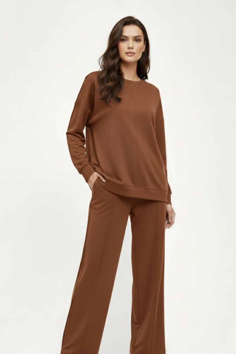 KADIN ŞIK RAHAT BİSİKLET YAKA ÇIMALI İKİLİ TAKIM XL - KAHVERENGİ