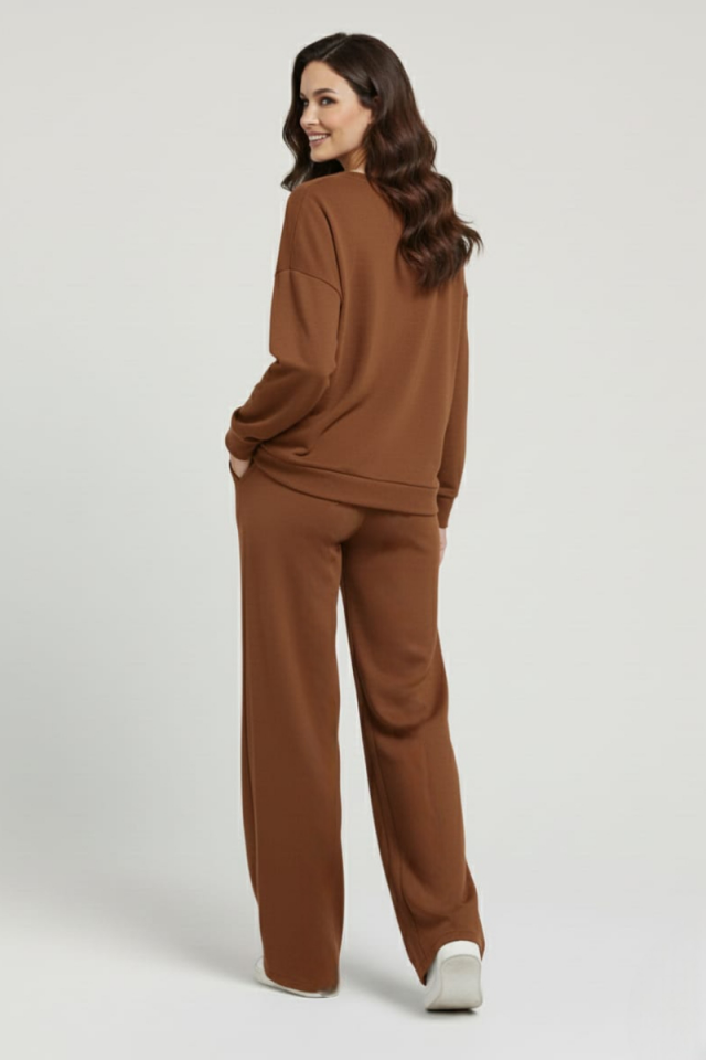 KADIN ŞIK RAHAT BİSİKLET YAKA ÇIMALI İKİLİ TAKIM XL - KAHVERENGİ