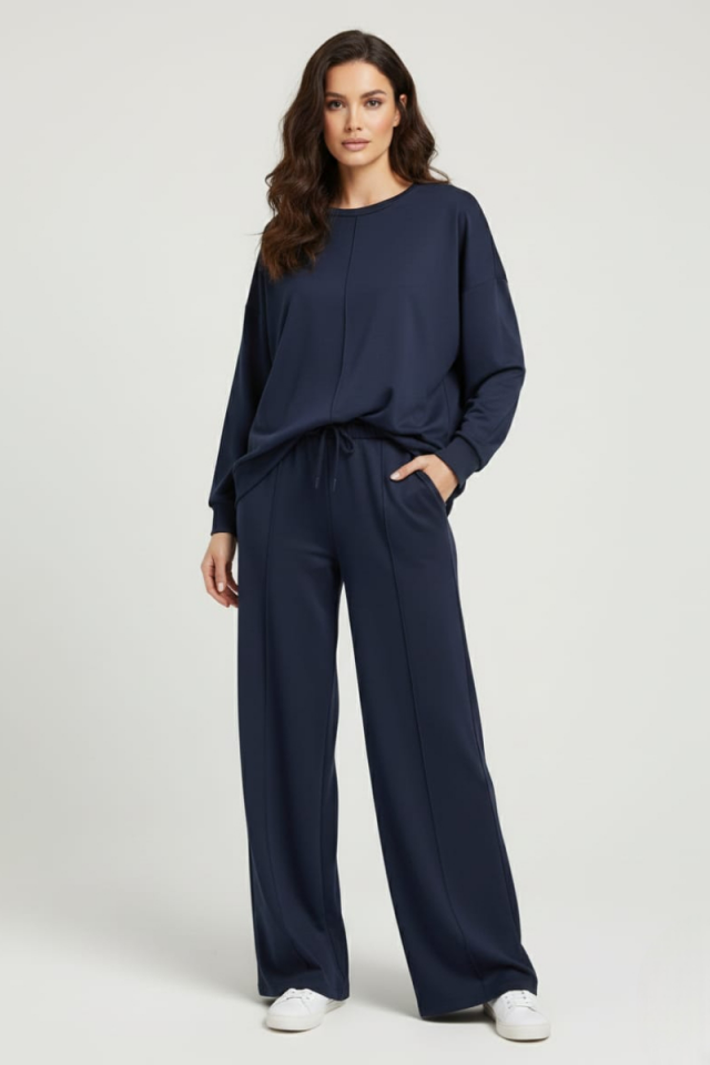 KADIN ŞIK RAHAT BİSİKLET YAKA ÇIMALI İKİLİ TAKIM XL - LACİVERT