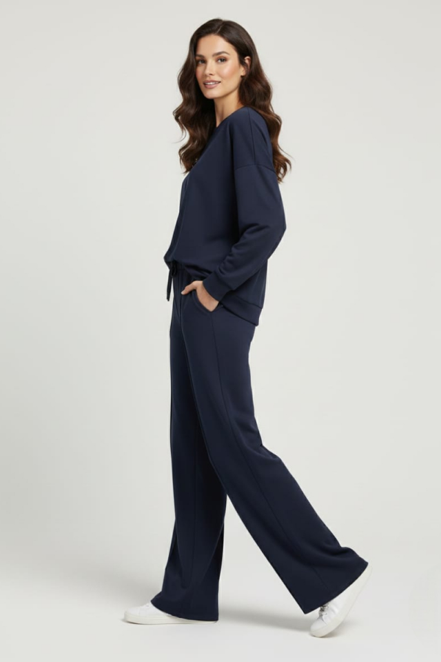 KADIN ŞIK RAHAT BİSİKLET YAKA ÇIMALI İKİLİ TAKIM XL - LACİVERT