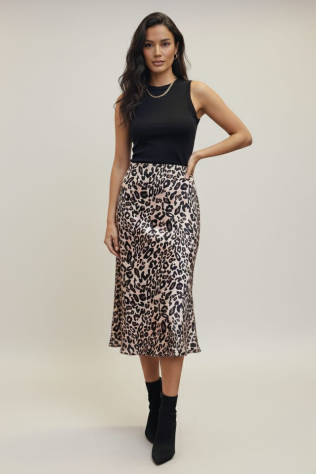 KADIN LEOPAR DESENLİ MİDİ BOY SATEN ETEK 42 - LEOPAR