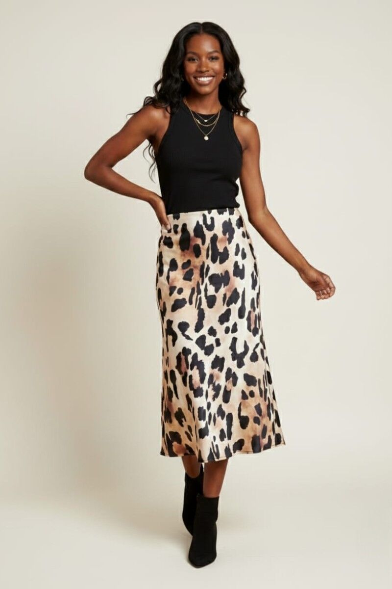 KADIN LEOPAR DESENLİ MİDİ BOY SATEN ETEK 42 - LEOPAR