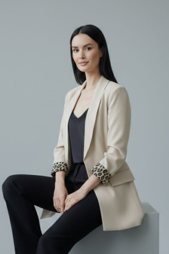 KADIN LEOPAR DETAYLI BLAZER CEKET 36 - BEJ