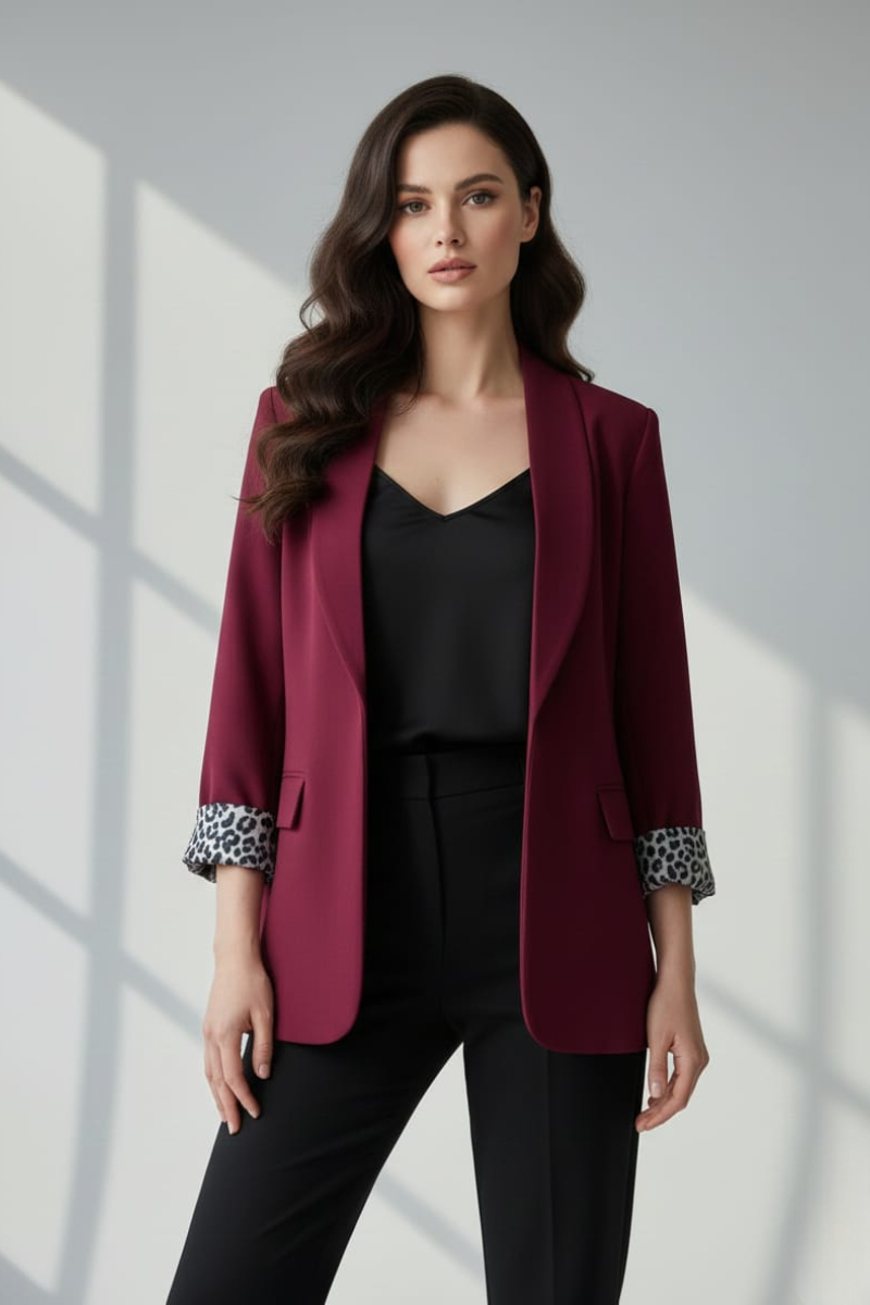 KADIN LEOPAR DETAYLI BLAZER CEKET 36 - BORDO