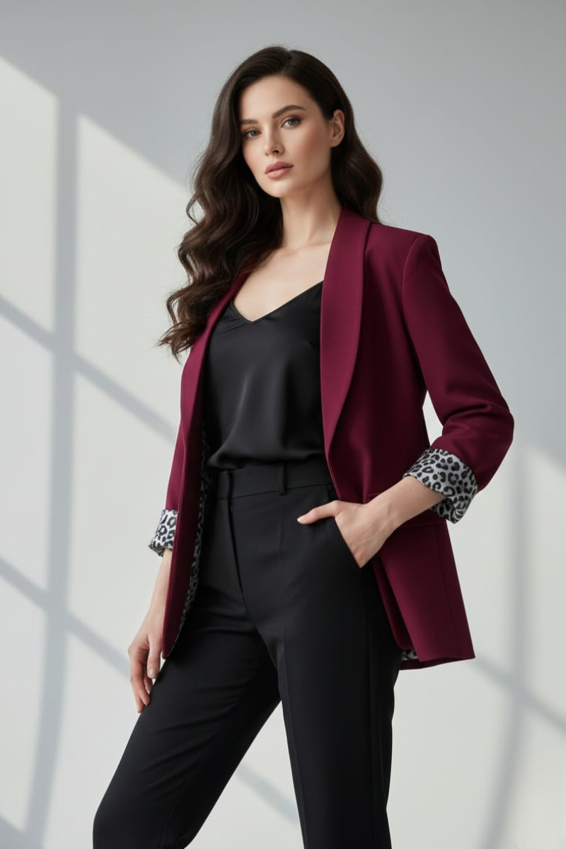 KADIN LEOPAR DETAYLI BLAZER CEKET 36 - BORDO