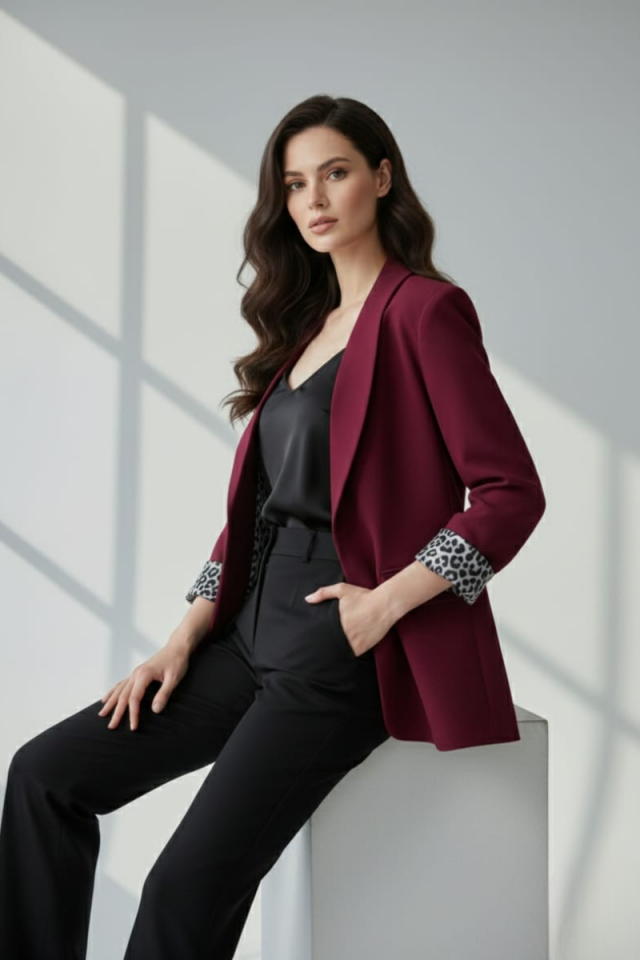 KADIN LEOPAR DETAYLI BLAZER CEKET 36 - BORDO
