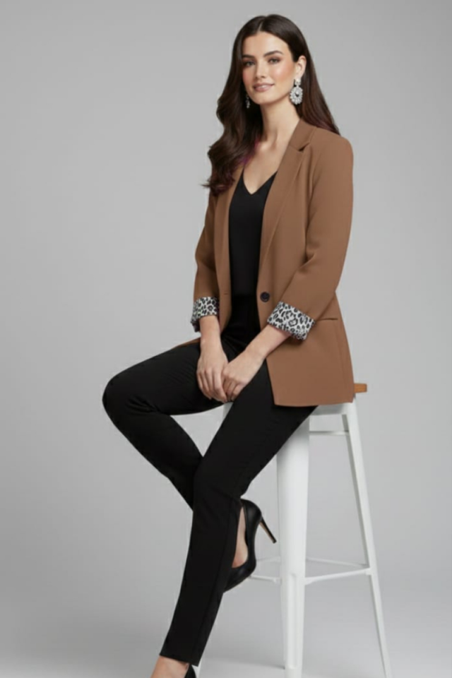 KADIN LEOPAR DETAYLI BLAZER CEKET 36 - KAHVERENGİ