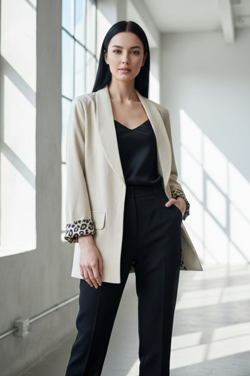 KADIN LEOPAR DETAYLI BLAZER CEKET BEJ  - 44