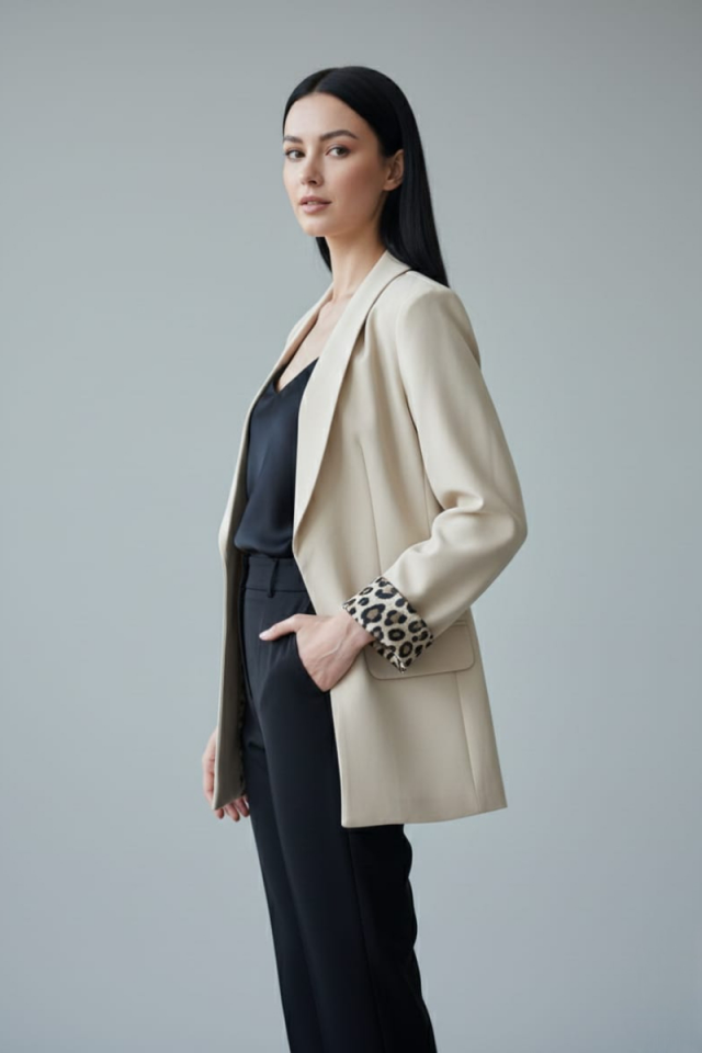 KADIN LEOPAR DETAYLI BLAZER CEKET BEJ  - 44