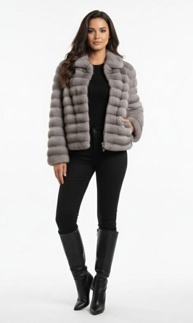 KADIN ŞIK FERMUARLI PELUŞ KÜRK CEKET STANDART - GRİ