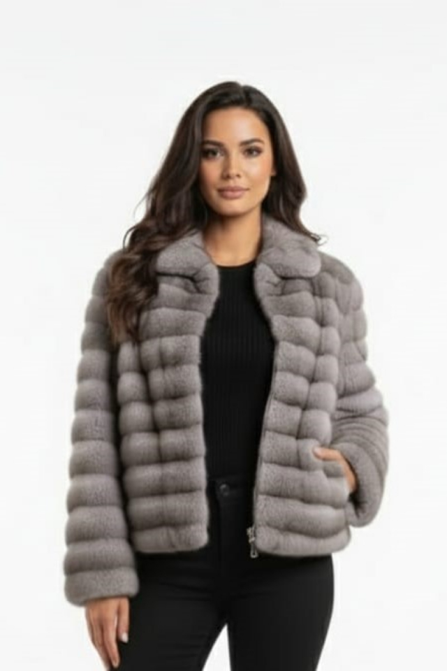 KADIN ŞIK FERMUARLI PELUŞ KÜRK CEKET STANDART - GRİ