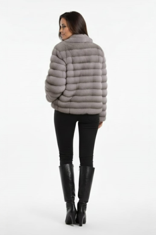 KADIN ŞIK FERMUARLI PELUŞ KÜRK CEKET STANDART - GRİ