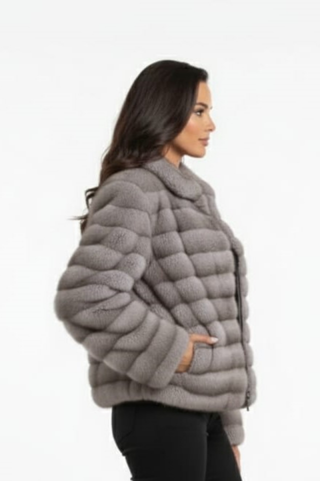 KADIN ŞIK FERMUARLI PELUŞ KÜRK CEKET STANDART - GRİ