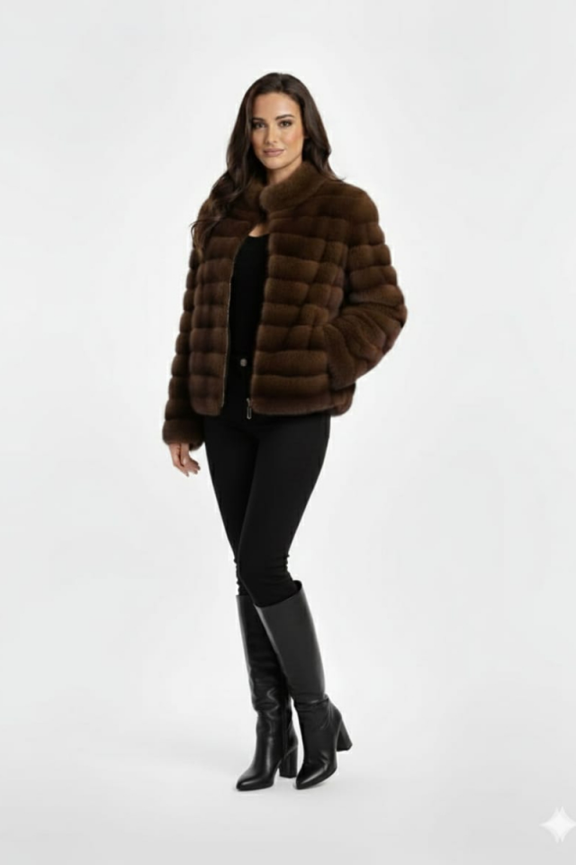 KADIN ŞIK FERMUARLI PELUŞ KÜRK CEKET STANDART - KAHVERENGİ