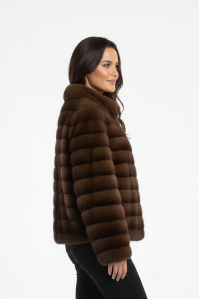 KADIN ŞIK FERMUARLI PELUŞ KÜRK CEKET STANDART - KAHVERENGİ