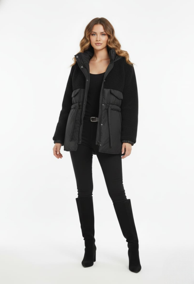 KADIN TEDDY KUMAŞ DETAYLI BELDEN BAĞLAMALI FERMUARLI ŞİŞME MONT CEKET L - SİYAH