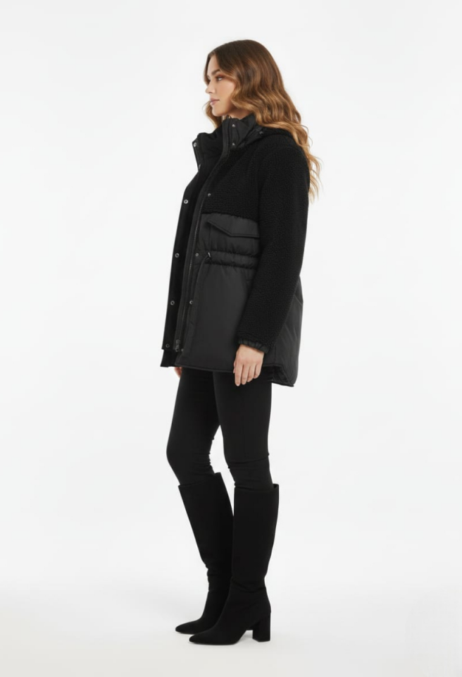 KADIN TEDDY KUMAŞ DETAYLI BELDEN BAĞLAMALI FERMUARLI ŞİŞME MONT CEKET L - SİYAH