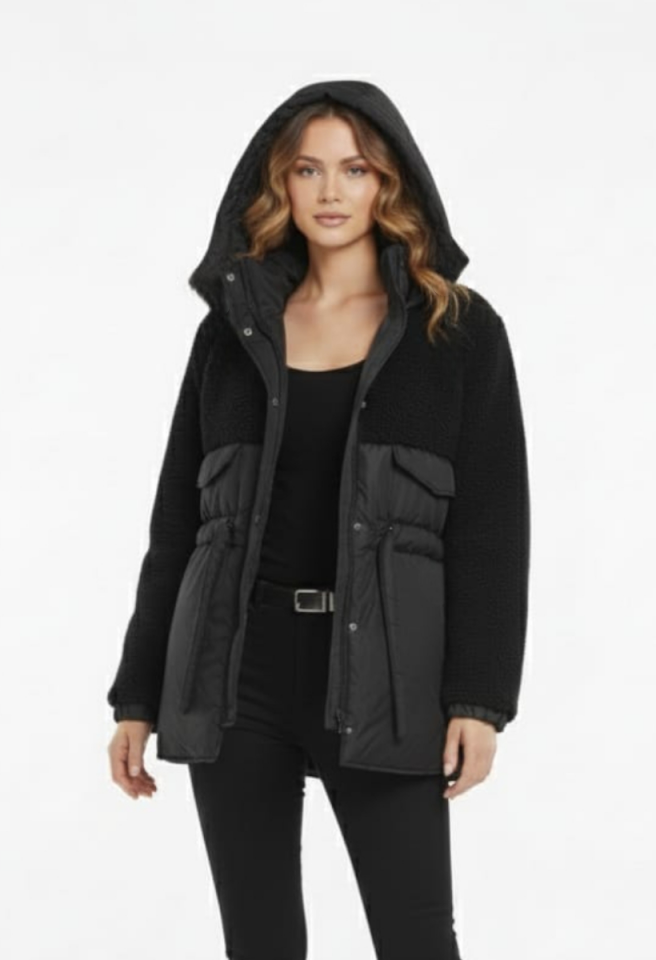 KADIN TEDDY KUMAŞ DETAYLI BELDEN BAĞLAMALI FERMUARLI ŞİŞME MONT CEKET L - SİYAH