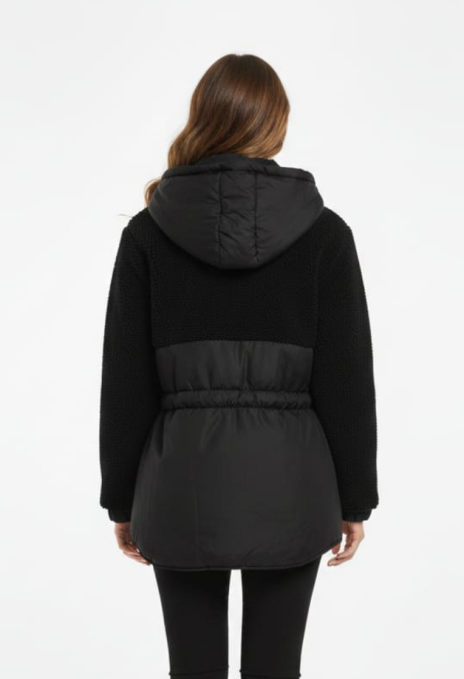 KADIN TEDDY KUMAŞ DETAYLI BELDEN BAĞLAMALI FERMUARLI ŞİŞME MONT CEKET L - SİYAH