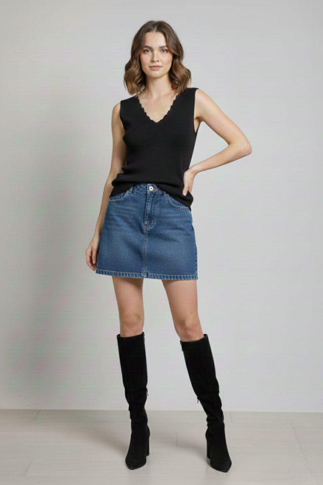 KADIN  TRİKO KOLSUZ ASKLI BLUZ STANDART - SİYAH