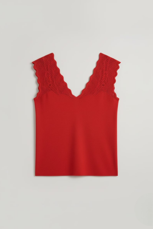 KADIN AJURLU  TRİKO KOLSUZ ASKLI BLUZ STANDART - KIRMIZI