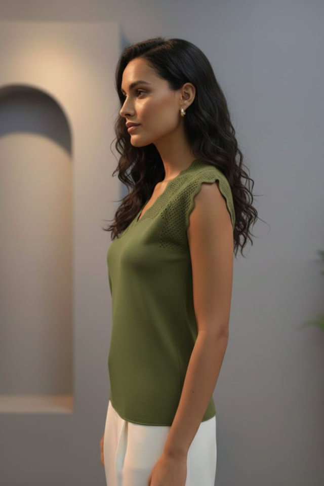 KADIN AJURLU  TRİKO KOLSUZ ASKLI BLUZ STANDART - YEŞİL