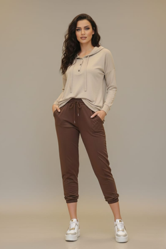 KADIN KAPŞONLU DÜĞME DETAYLI MODAL KUMAŞ SWEATSHİRT L - BEJ