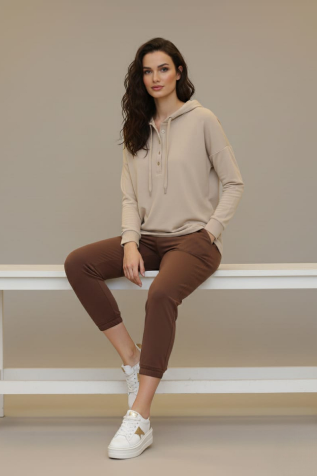 KADIN KAPŞONLU DÜĞME DETAYLI MODAL KUMAŞ SWEATSHİRT L - BEJ
