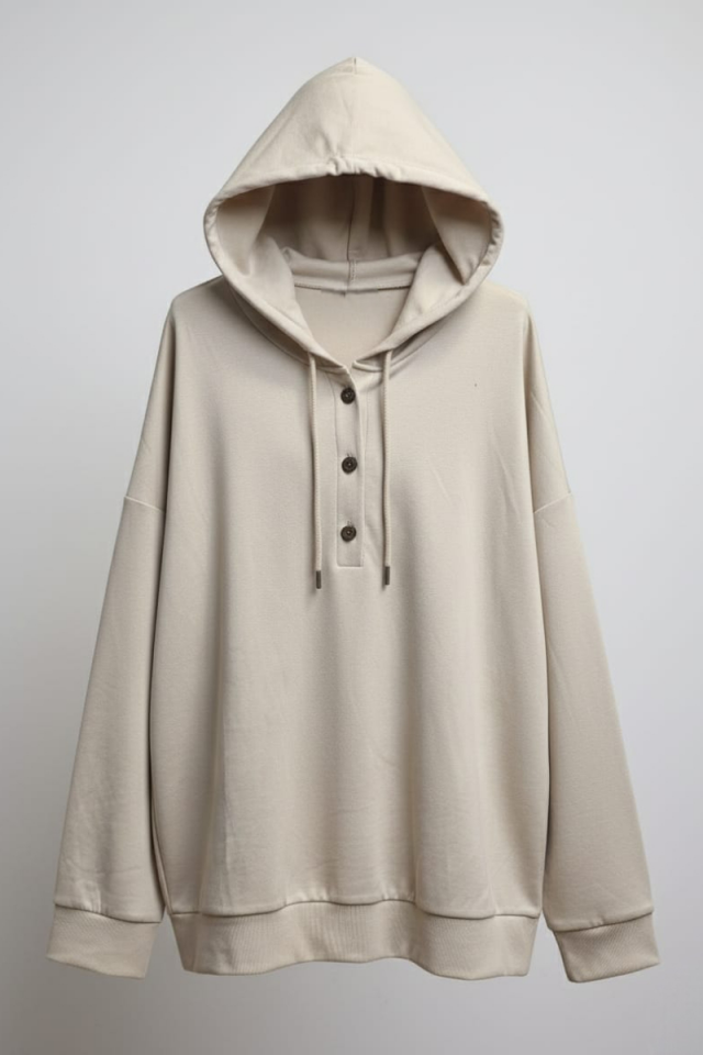 KADIN KAPŞONLU DÜĞME DETAYLI MODAL KUMAŞ SWEATSHİRT L - BEJ