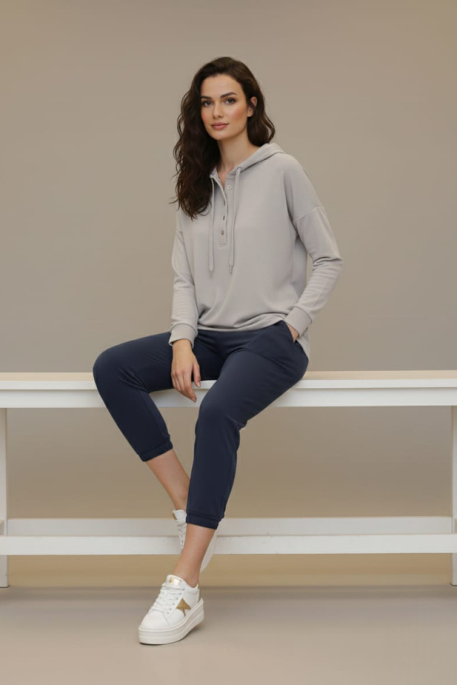 KADIN KAPŞONLU DÜĞME DETAYLI MODAL KUMAŞ SWEATSHİRT XL - GRİ