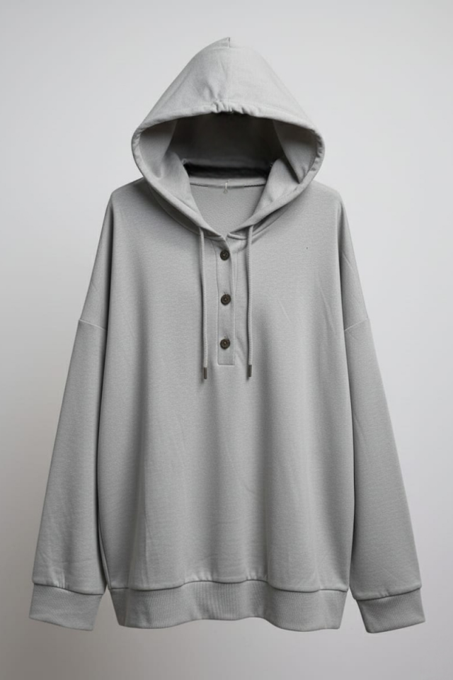 KADIN KAPŞONLU DÜĞME DETAYLI MODAL KUMAŞ SWEATSHİRT XL - GRİ