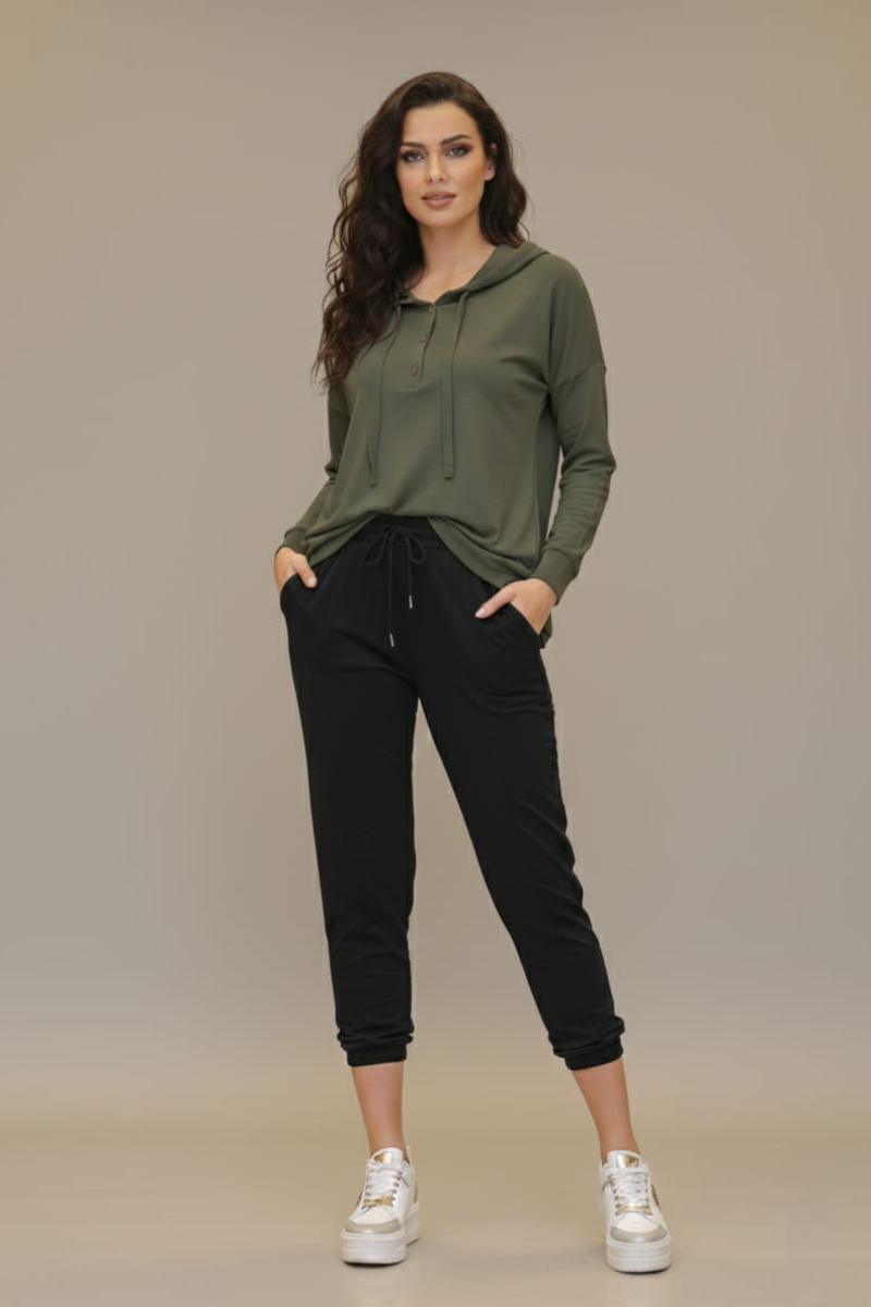 KADIN KAPŞONLU DÜĞME DETAYLI MODAL KUMAŞ SWEATSHİRT XL - HAKİ YEŞİL