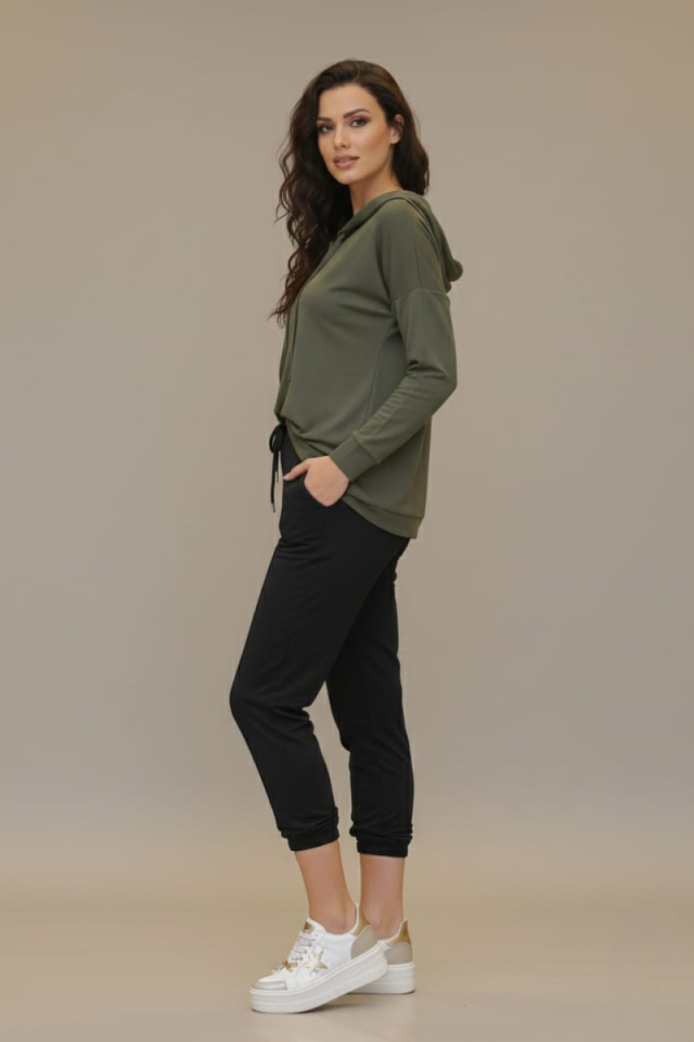 KADIN KAPŞONLU DÜĞME DETAYLI MODAL KUMAŞ SWEATSHİRT XL - HAKİ YEŞİL