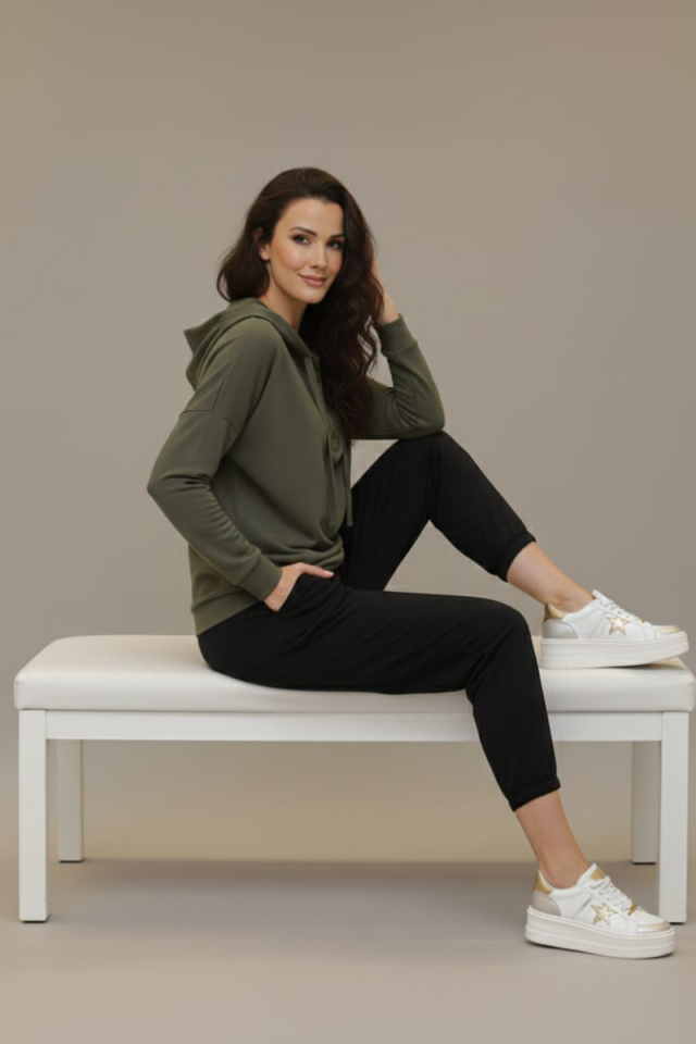 KADIN KAPŞONLU DÜĞME DETAYLI MODAL KUMAŞ SWEATSHİRT XL - HAKİ YEŞİL