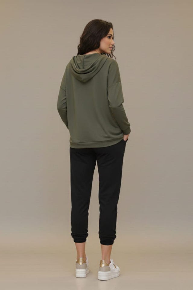 KADIN KAPŞONLU DÜĞME DETAYLI MODAL KUMAŞ SWEATSHİRT XL - HAKİ YEŞİL