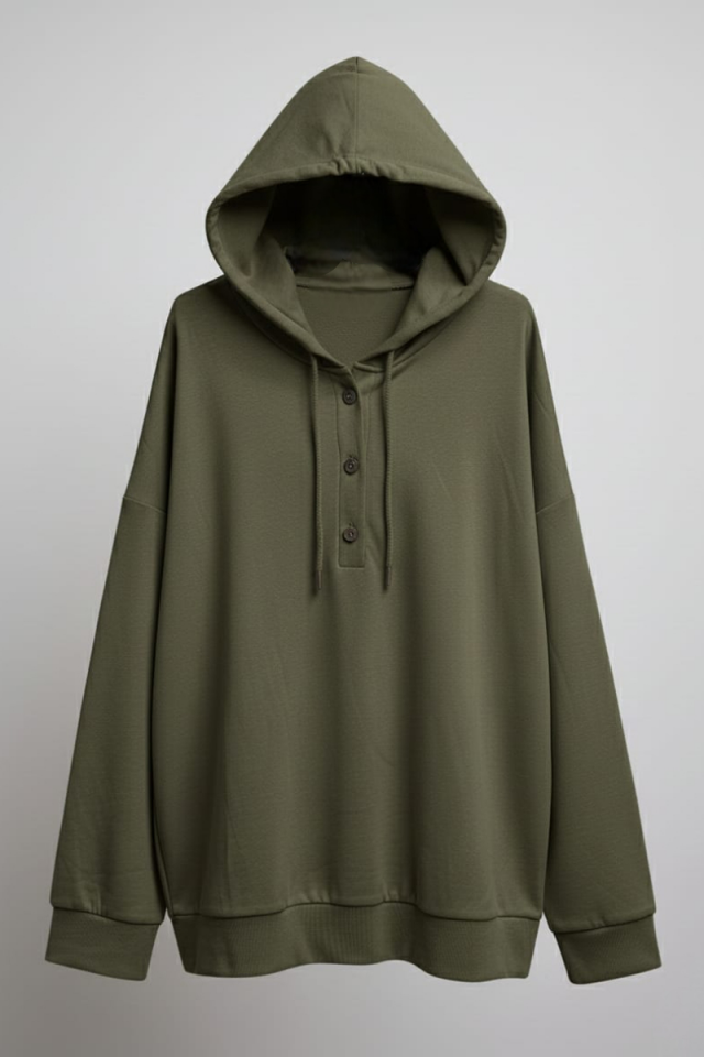 KADIN KAPŞONLU DÜĞME DETAYLI MODAL KUMAŞ SWEATSHİRT XL - HAKİ YEŞİL