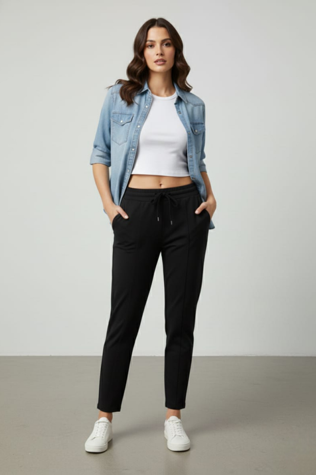 KADIN JOGGER ÇİMALI BELİ LASTİKLİ MODAL KUMAŞ PANTALON XL - SİYAH