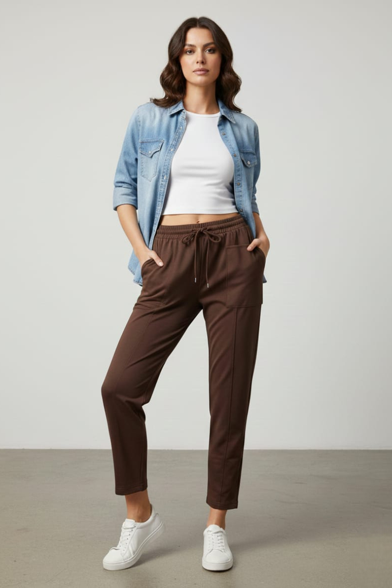 KADIN JOGGER ÇİMALI BELİ LASTİKLİ MODAL KUMAŞ PANTALON XL - KAHVERENGİ