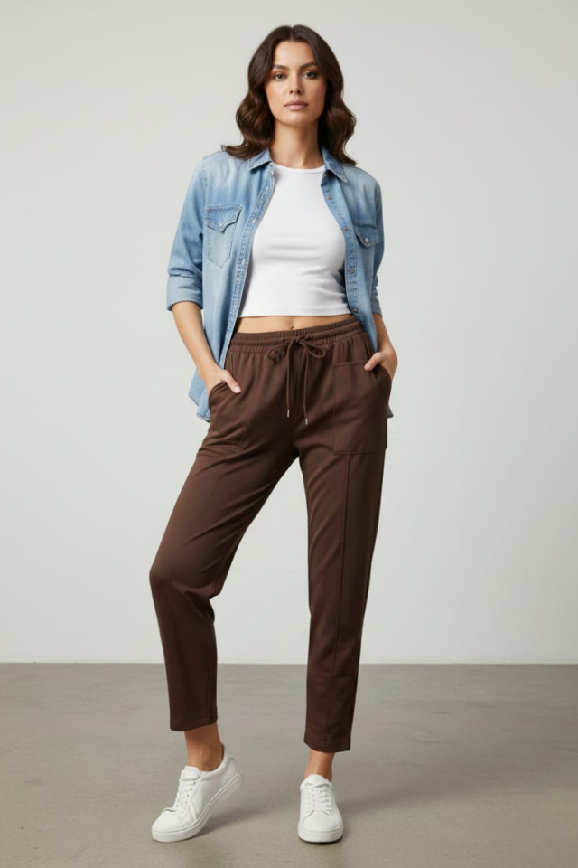 KADIN JOGGER ÇİMALI BELİ LASTİKLİ MODAL KUMAŞ PANTALON XL - KAHVERENGİ