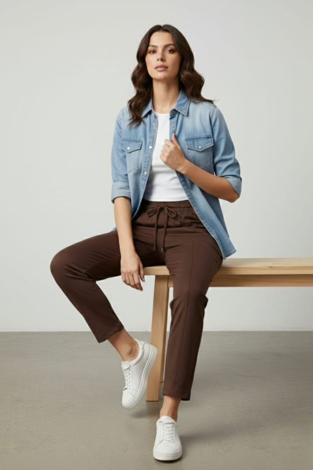 KADIN JOGGER ÇİMALI BELİ LASTİKLİ MODAL KUMAŞ PANTALON XL - KAHVERENGİ