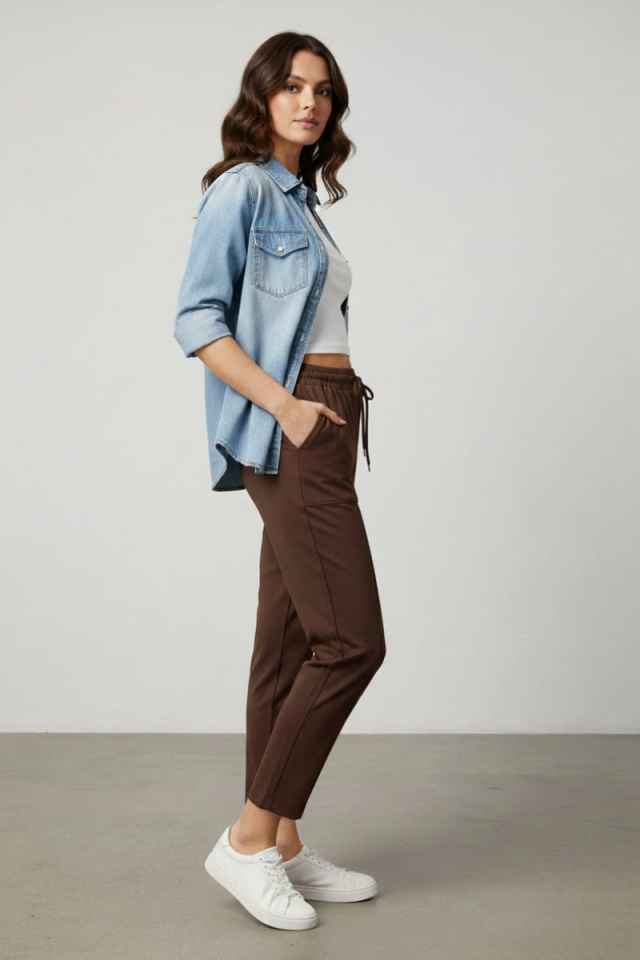 KADIN JOGGER ÇİMALI BELİ LASTİKLİ MODAL KUMAŞ PANTALON XL - KAHVERENGİ