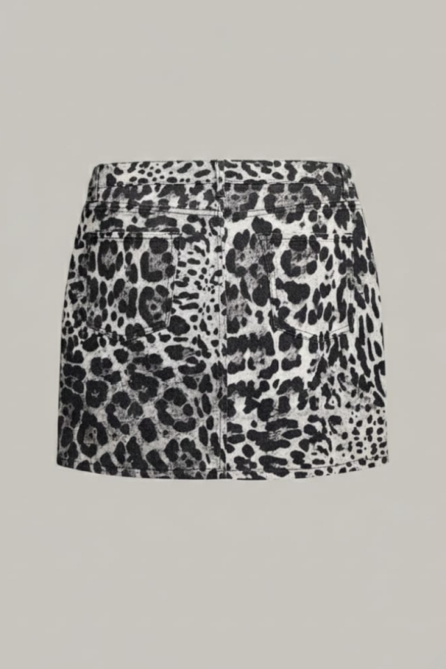 KADIN LEOPAR DESENLİ DENİM MİNİ KOT ETEK GRİ LEOPAR - 40