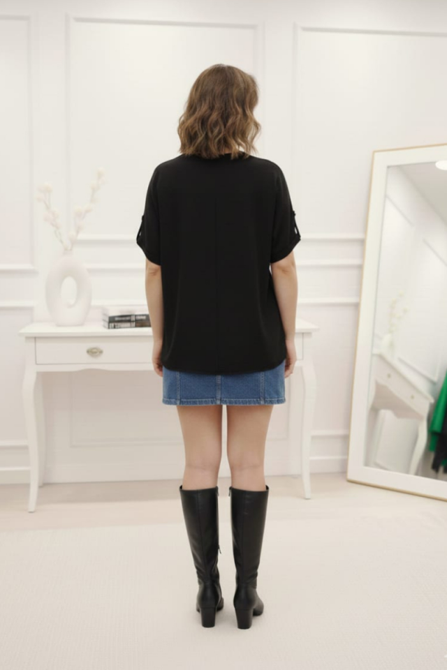 KADIN DÜĞME DETAYLI V YAKA BLUZ 50 - SİYAH